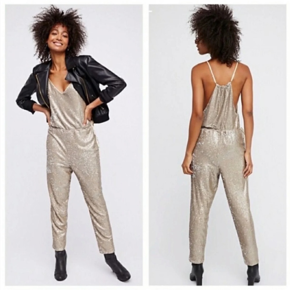 Free People Sequin Drawstring Jumpsuit Small